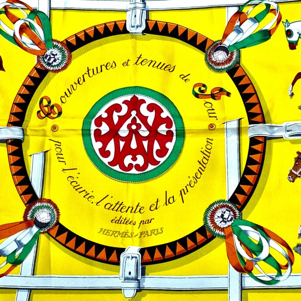 Hermes Paris 70's Scarf Yellow Silk Horses Couvertures Et Tenues De Jour New Box - Picture 4 of 16